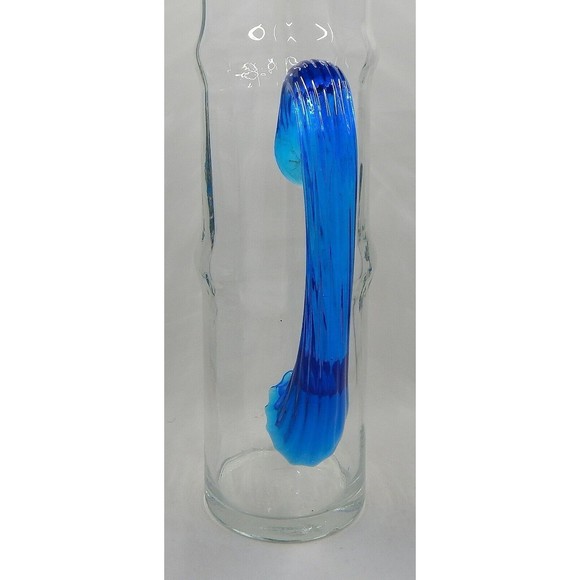 Bamboo Optic Paneled Clear Glass Cocktail Pitcher Blue Ribbed Handle - Picture 2 of 11